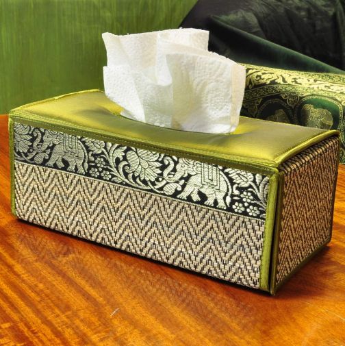 Handkerchief box cover raffia green elephant pattern
