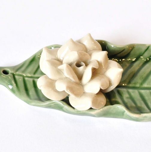 Incense Sticks holder ceramic green with white Flower