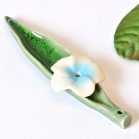 Incense Sticks holder ceramic green with white blue Flower 13cm