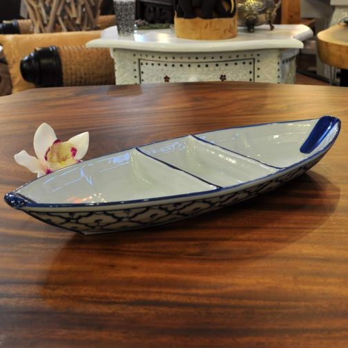 Thai ceramic Plate Boat with bowl for sauce centered 14x36,5x4,5cm