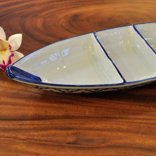 Thai ceramic Plate Boat with bowl for sauce centered 14x36,5x4,5cm