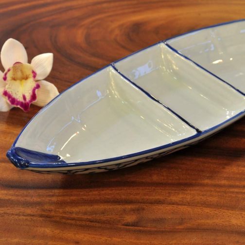 Thailändische Keramik Platte Boot Saußenschale mittig 14x36,5x4,5cm