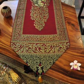 Table runner fabric tablecloth with tassels dark red gold...