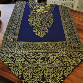 Table runner fabric tablecloth with tassels blue gold elephant 48x190cm