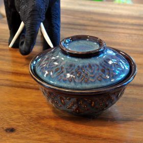 Ceramic bowl with lid Thai Design 13cm violet blue