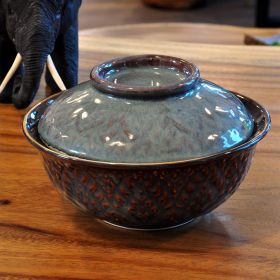 Large ceramic bowl with lid Thai Design 18cm violet blue