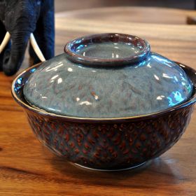 Large ceramic bowl with lid Thai Design 18cm violet blue