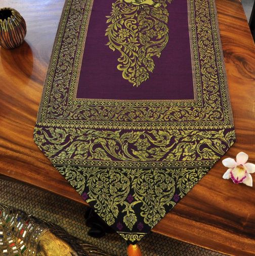 Table runner fabric tablecloth tassels violet gold elephant 23x200cm