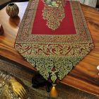 Table runner fabric tablecloth tassels dark red gold elephant 23x200cm