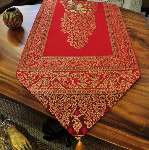 Table runner fabric tablecloth with tassels red gold elephant 23x200cm