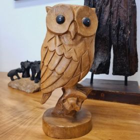 Figure wood owl sitting on branch large